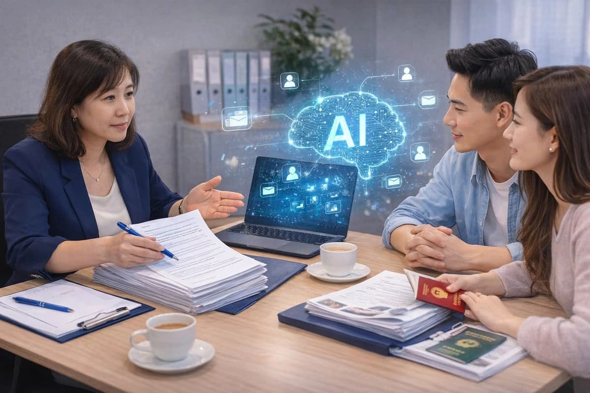 Chuyên viên Visa Liên Minh hướng dẫn khách hàng luyện phỏng vấn hồ sơ định cư và kiểm tra ngôn ngữ cơ thể.