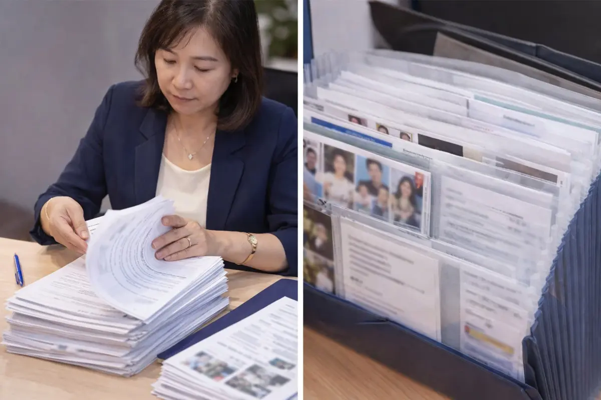 Bộ hồ sơ bằng chứng dày được chuyên viên Visa Liên Minh rà soát kỹ cho các ca bảo lãnh định cư khó.